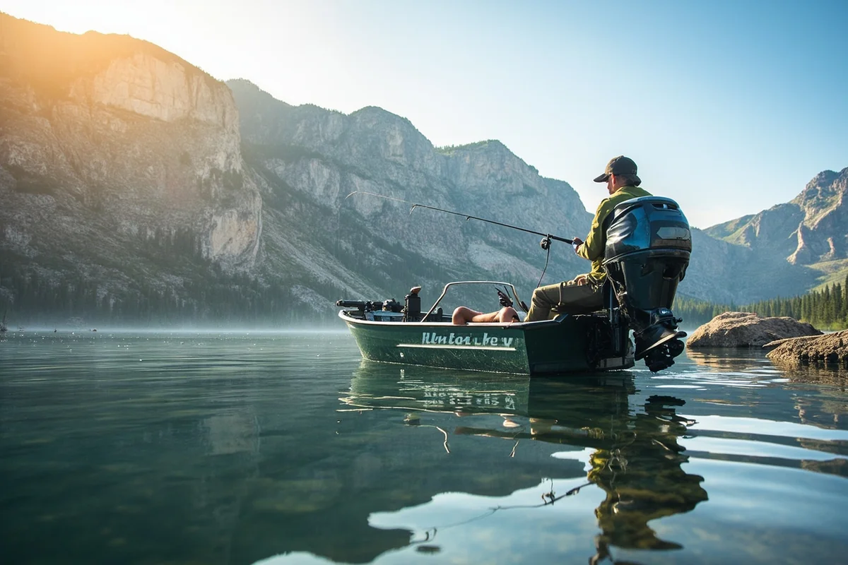 Angler fishing from a boat on Holter Lake with limestone cliffs in the background