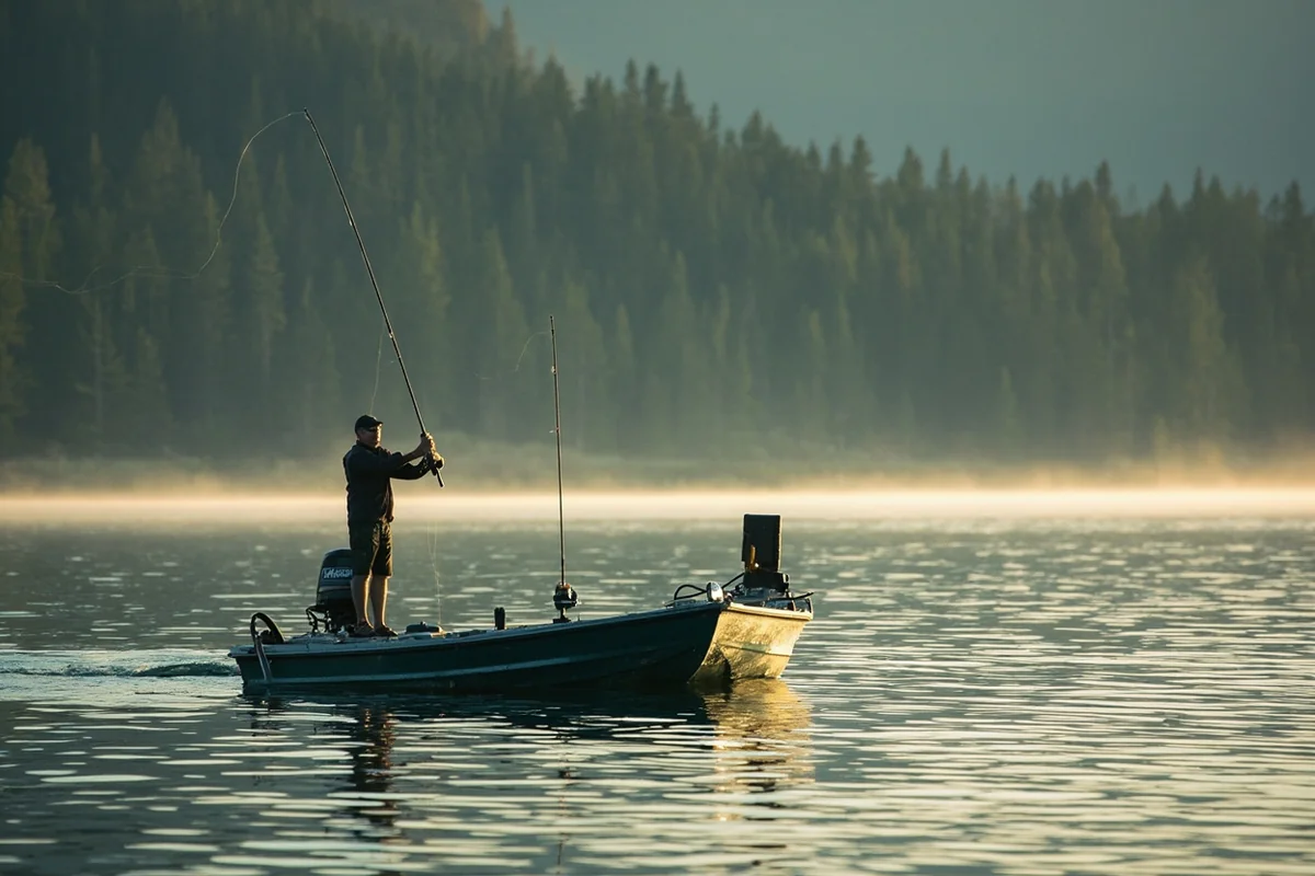 Angler fishing from a small boat on Lake Alva with forested shoreline in the background