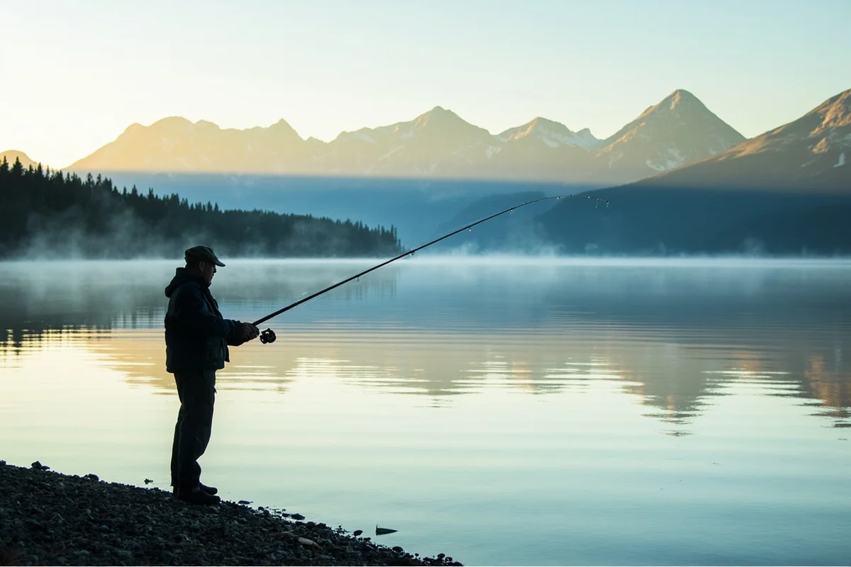 Angler fishing from the shore of Crystal Lake with the Big Snowy Mountains in the background