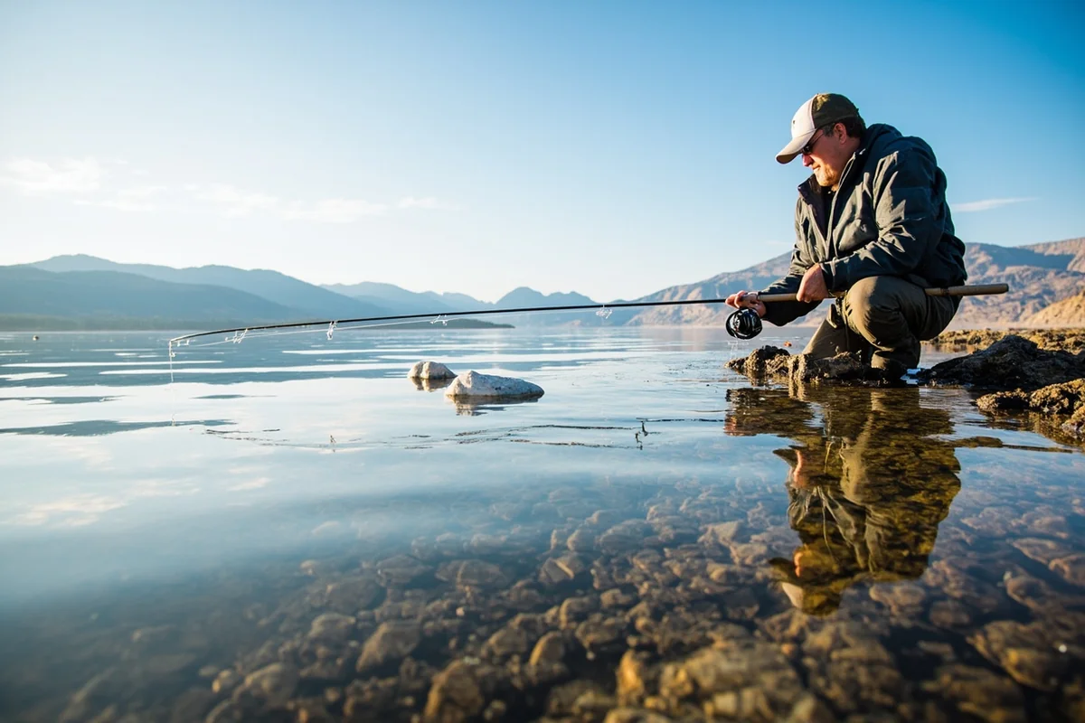 Angler fishing from the shore of Ennis Lake with Tobacco Root Mountains in the background