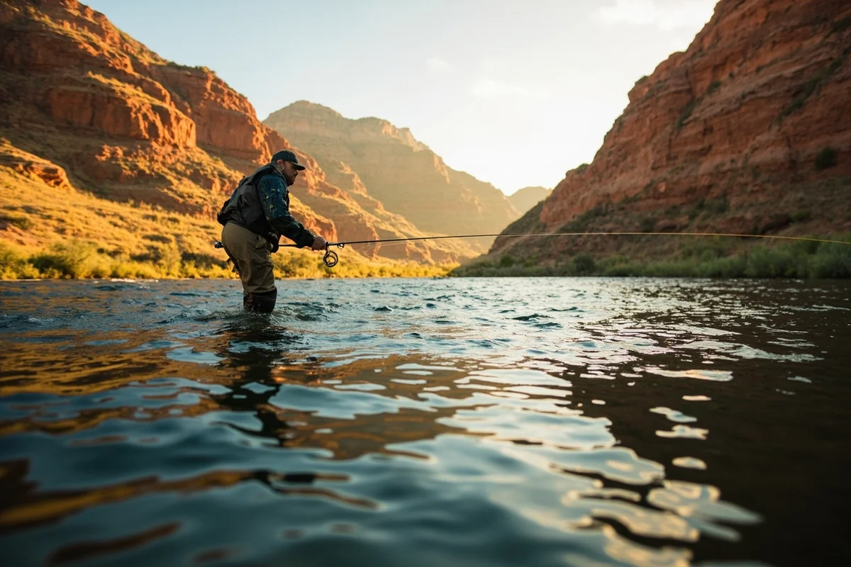 Angler fly fishing the tailwater below Yellowtail Dam on the Bighorn River