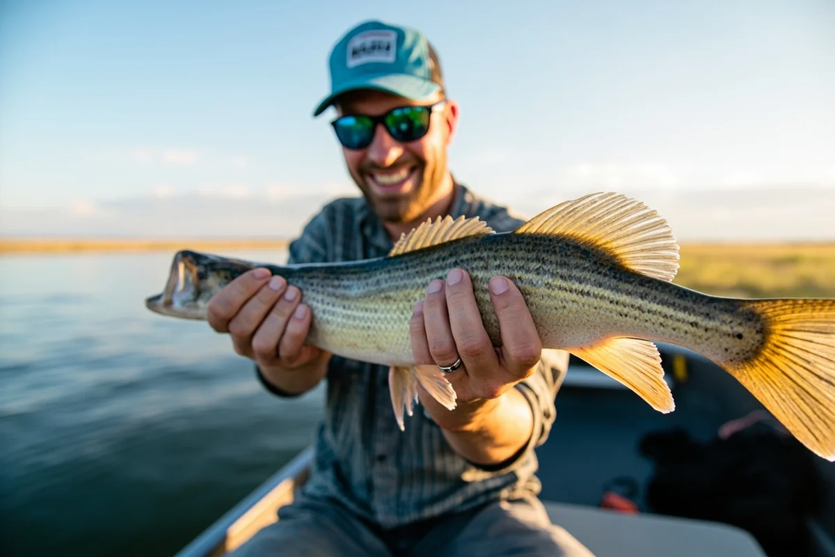 Angler holding a walleye caught at Fresno Reservoir near Havre Montana