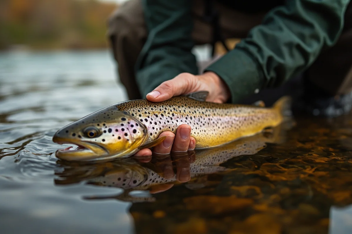 Angler releasing a brown trout in the Ruby River tailwater below the dam near Alder, Montana