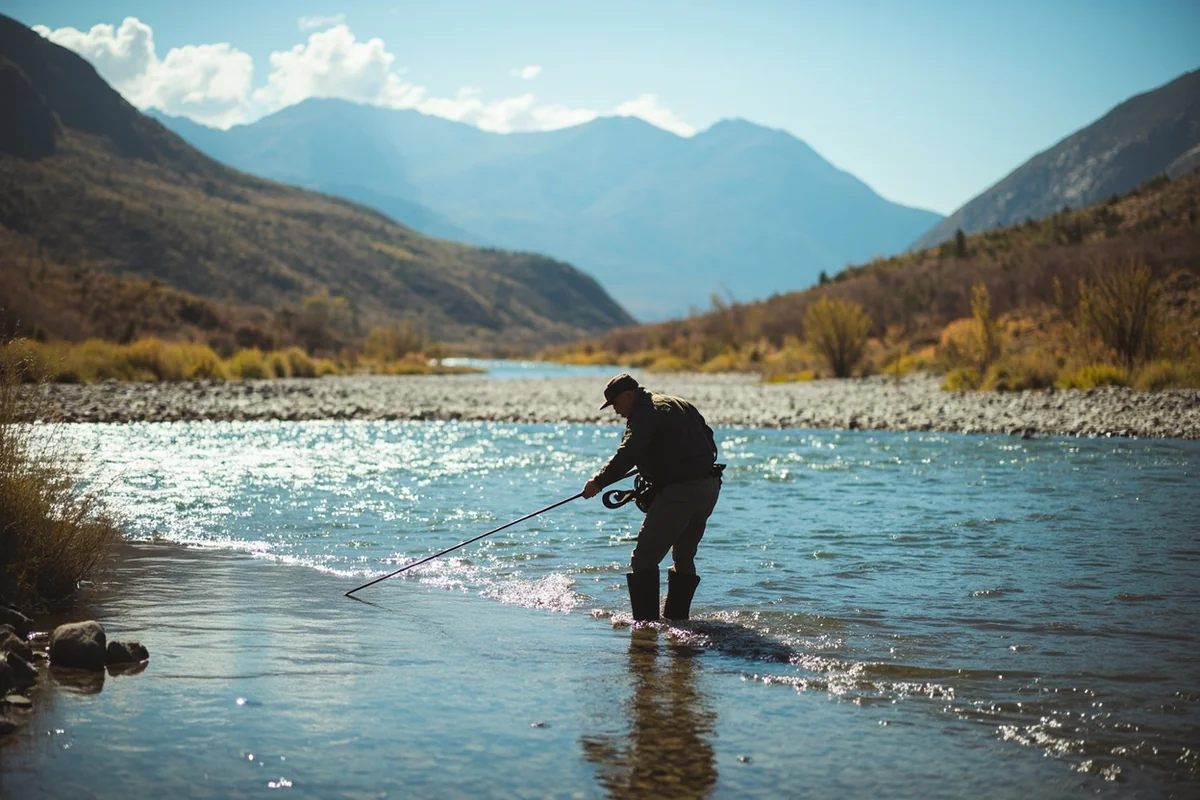 Angler wading a shallow braided channel of the Flathead River near Kalispell, Montana