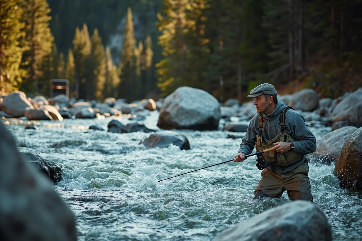 Angler wading the boulder-strewn upper Boulder River in the Absaroka-Beartooth Wilderness, Montana