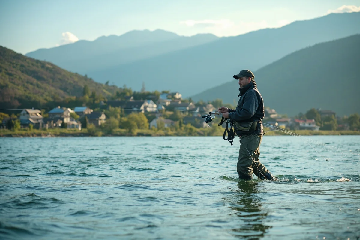 Angler wading the Yellowstone River near Livingston, Montana with mountains in the background