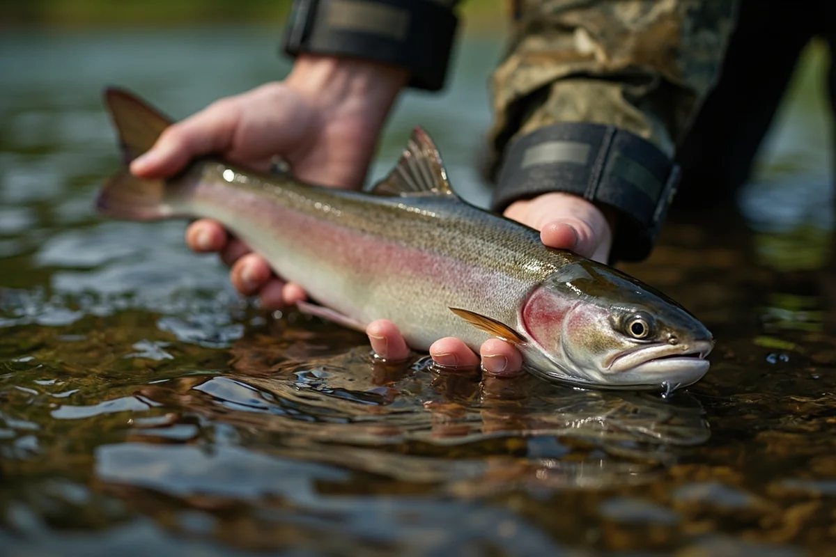 Arctic grayling with its distinctive sail-like dorsal fin being released in the Big Hole River, Montana