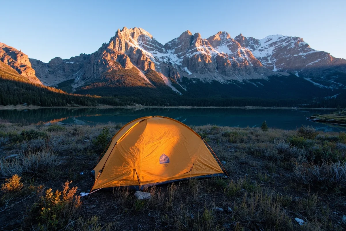 Backcountry campsite near Fossil Lake with a tent set up against dramatic Beartooth peaks