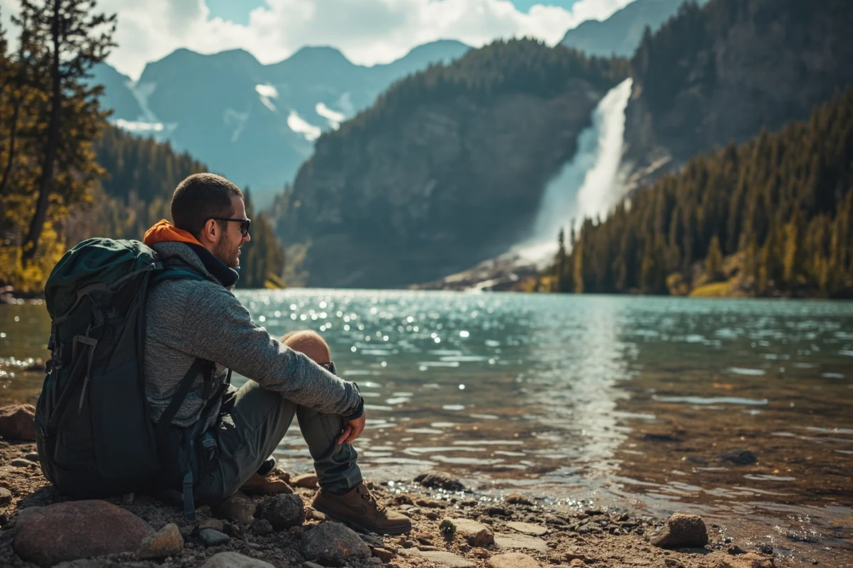 Backpacker resting at the shoreline of Lake at Falls with waterfalls visible in the background