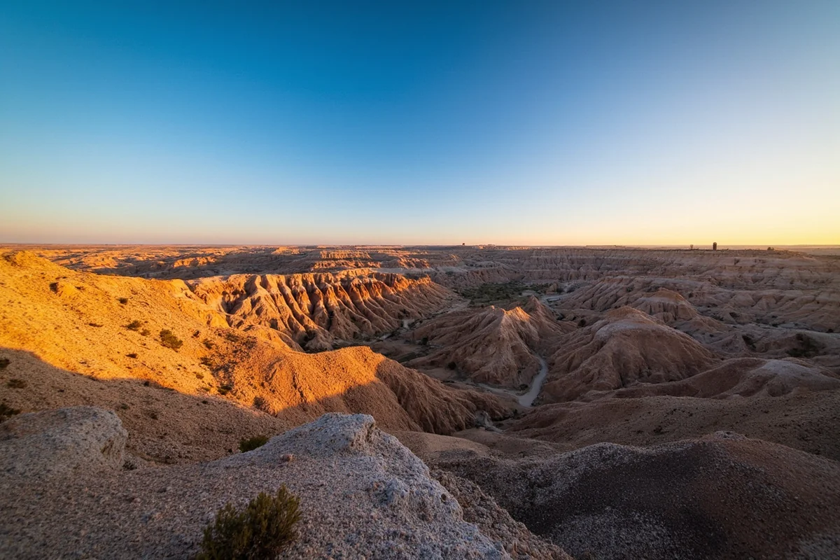 Badlands terrain of the Hell Creek Formation near Glendive, Montana showing exposed sedimentary layers