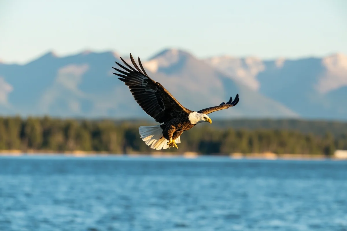 Bald eagle flying over Canyon Ferry Lake near the wildlife management area