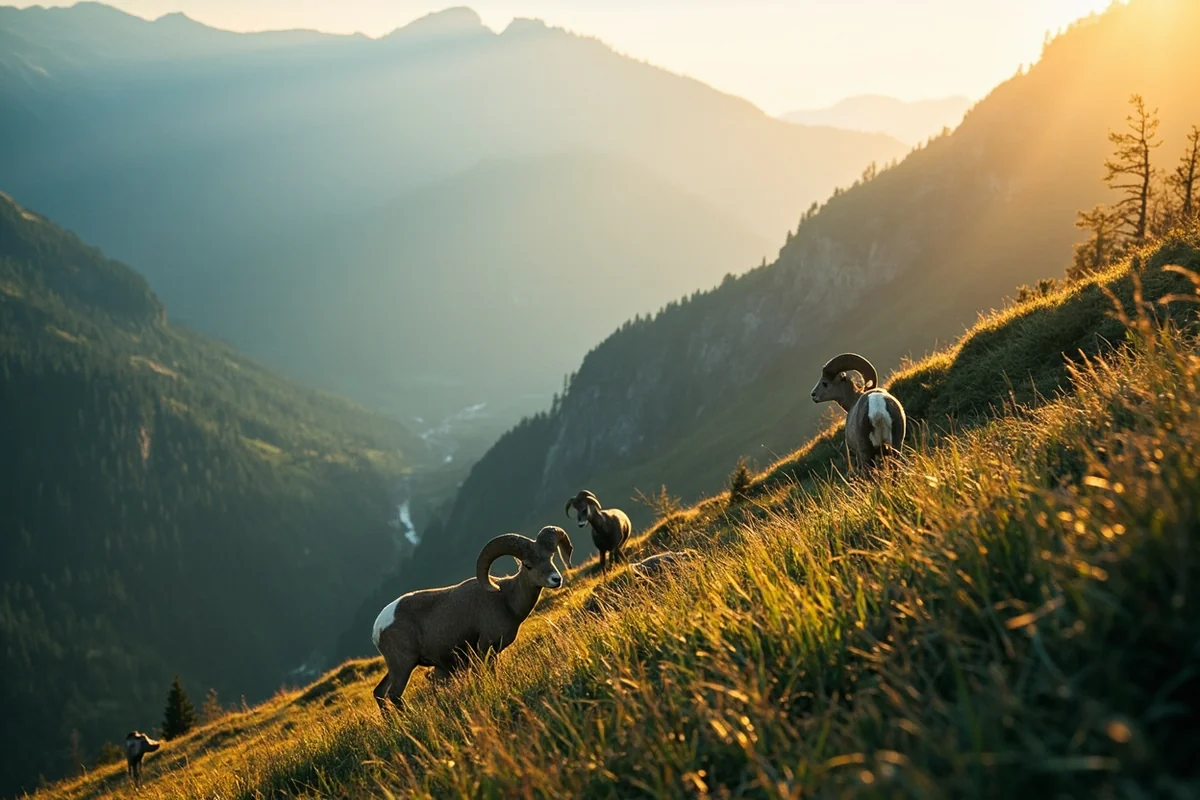 Bighorn sheep grazing on a steep mountain meadow above Rock Creek in Montana