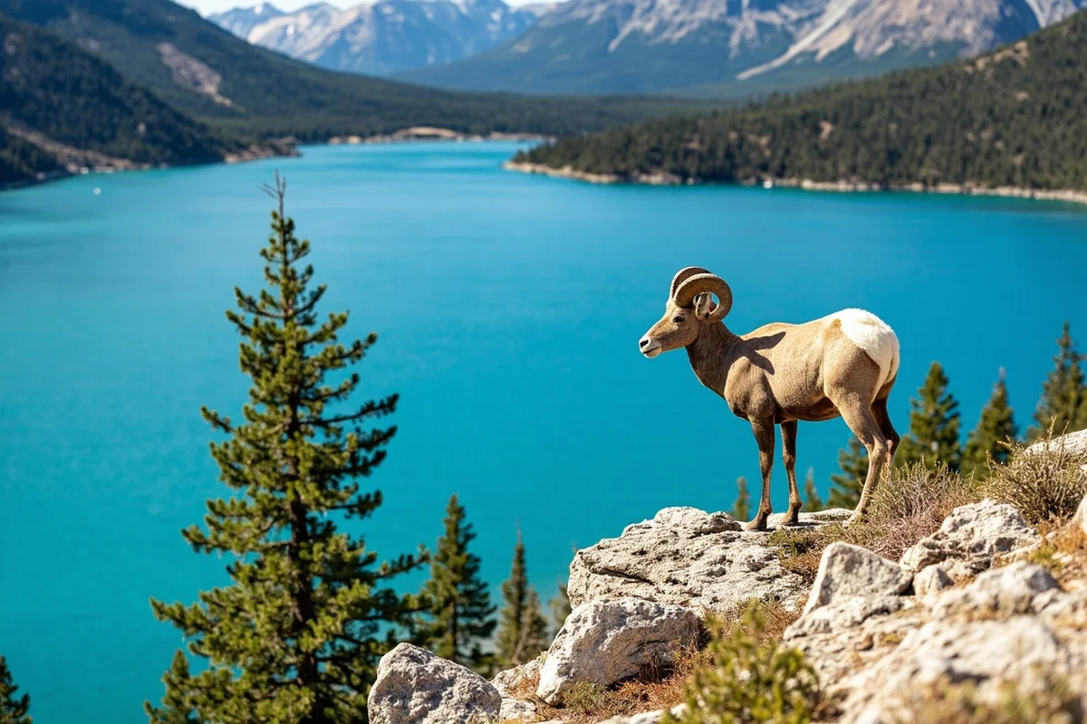 Bighorn sheep on rocky cliffs above Lake Koocanusa