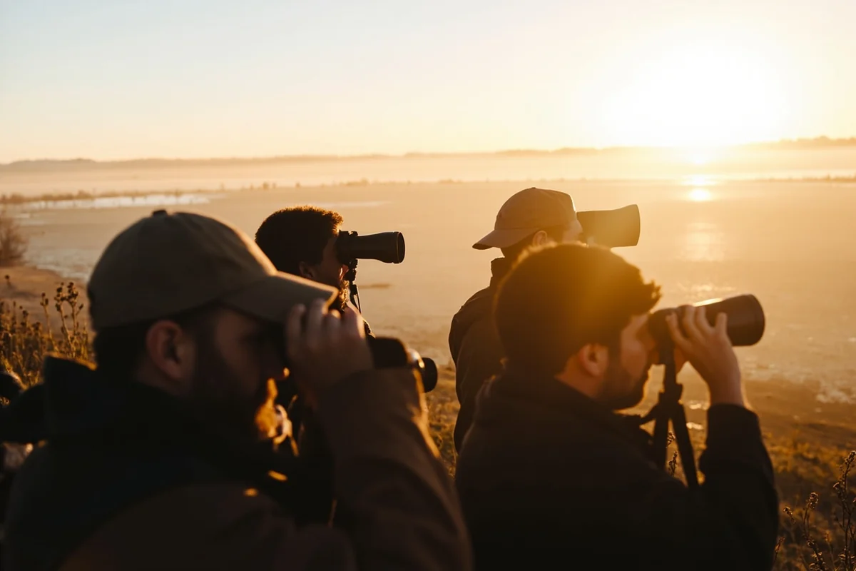 Birdwatchers with binoculars and spotting scopes at Freezeout Lake at sunrise