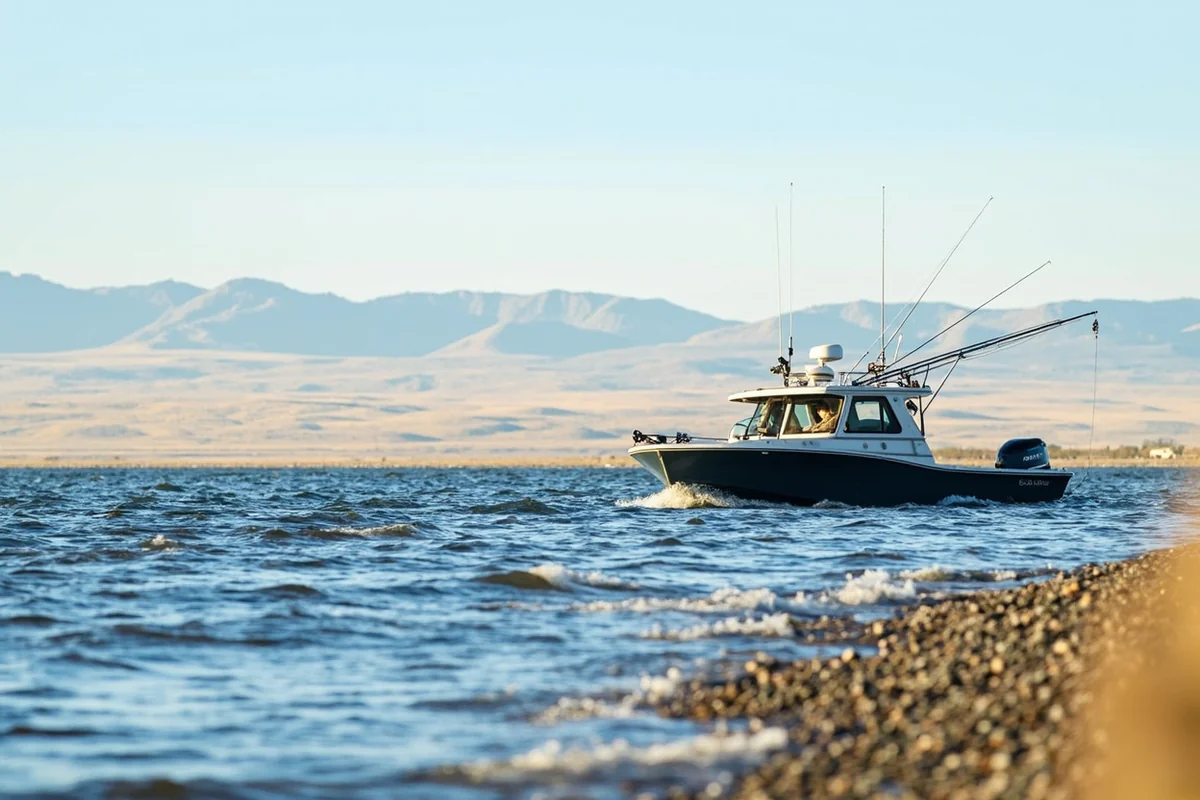 Boat on Duck Lake Montana with open prairie and distant mountains visible