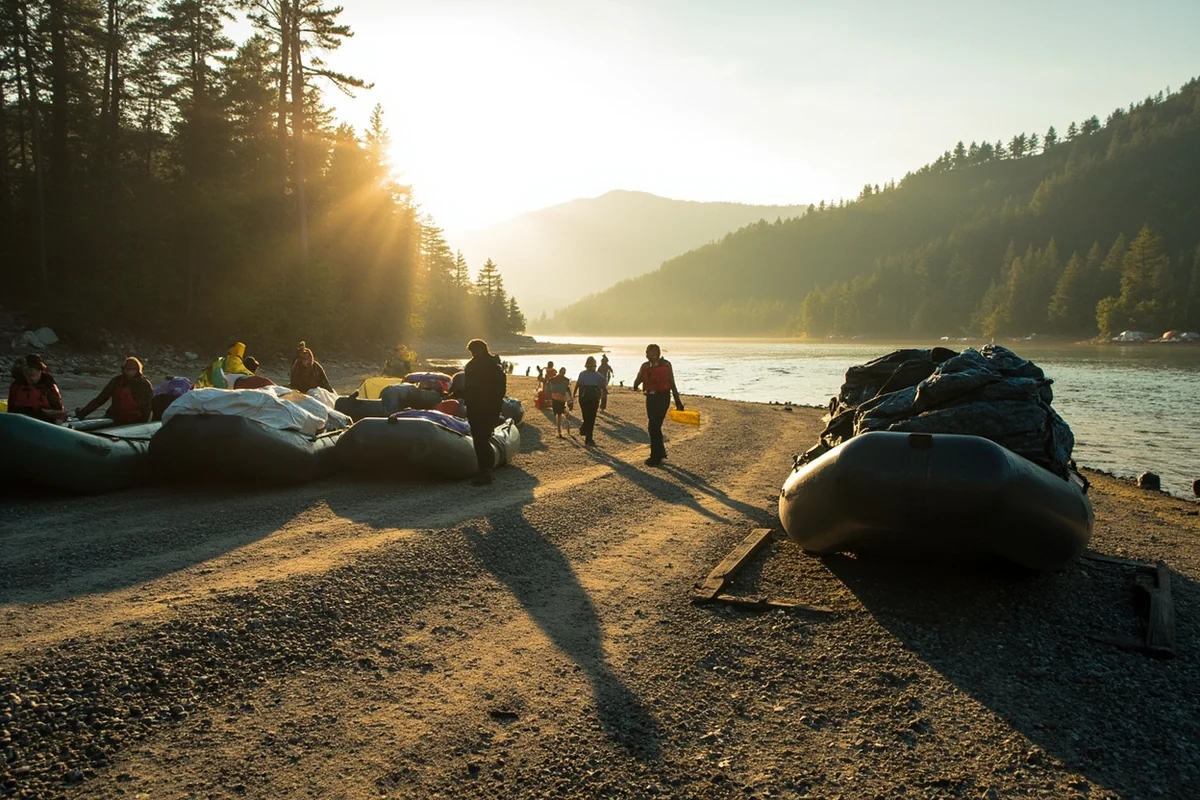 Boat ramp at Camp Baker on the Smith River with rafts being rigged for launch