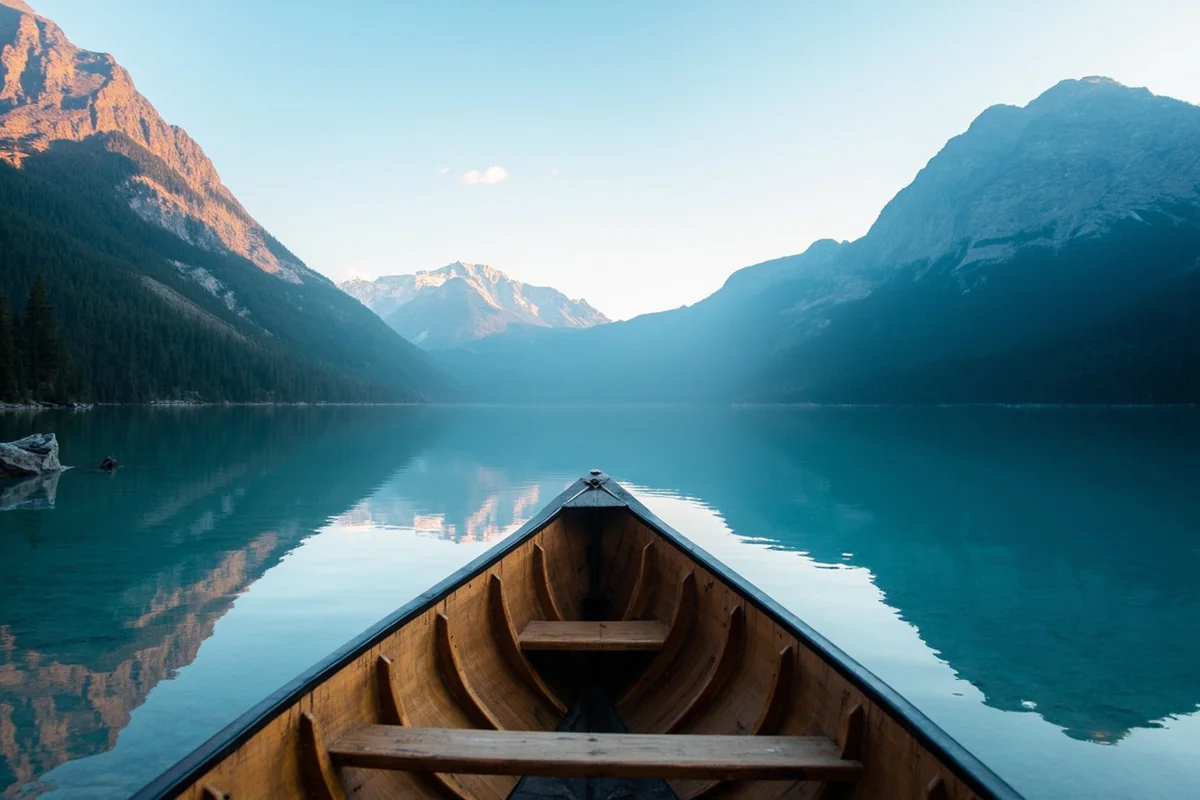 Canoe on the calm, clear water of Bowman Lake with mountains in the background
