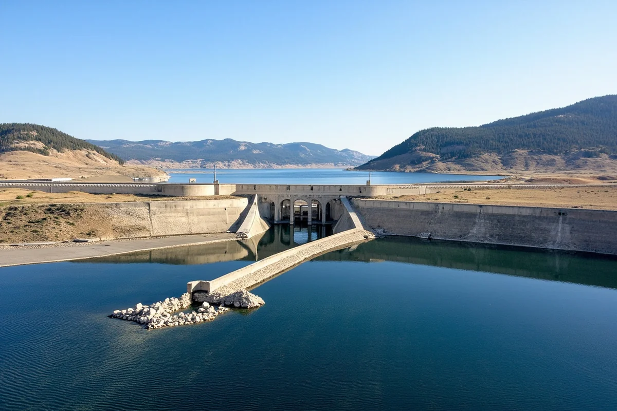 Canyon Ferry Dam with the reservoir stretching toward the Big Belt Mountains