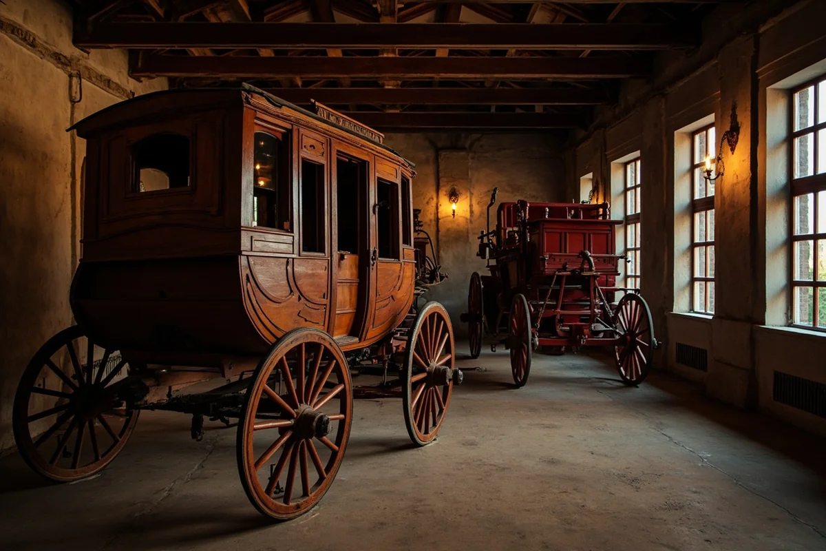 Canyon Ferry stagecoach and horse-drawn fire engine on display in the carriage house at Castle Museum