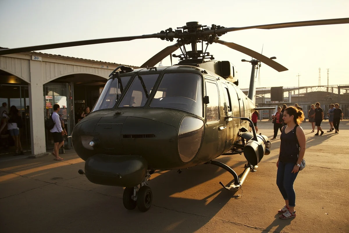 Children climbing into a vintage military helicopter at Miracle of America Museum in Polson, Montana