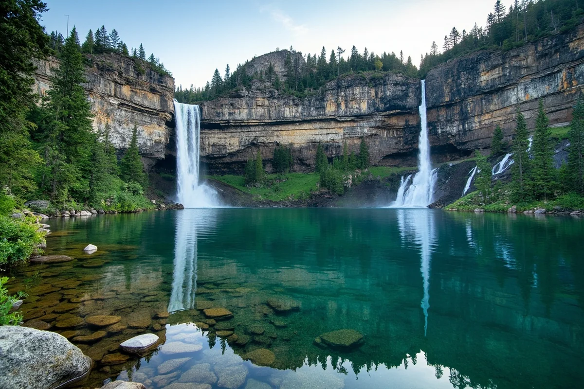 Clear alpine water at Lake at Falls with reflections of surrounding cliffs and waterfalls