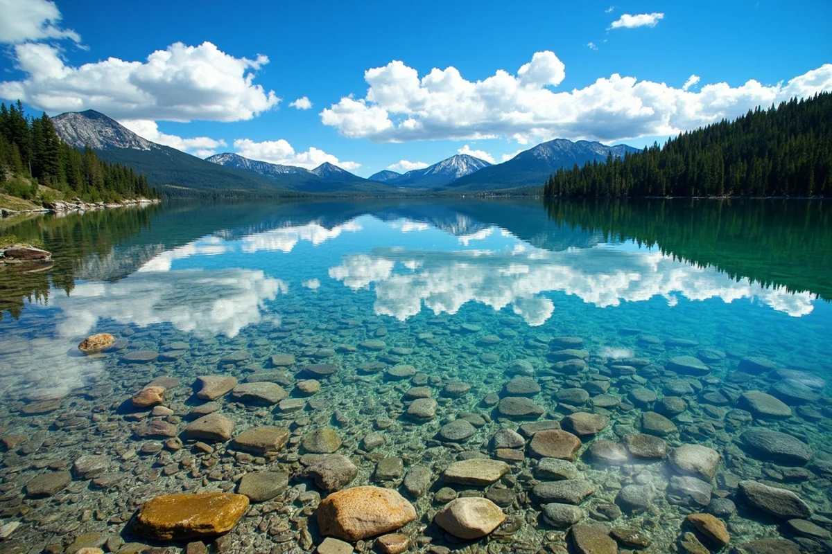 Clear alpine water of Leigh Lake with no boats, just wilderness shoreline