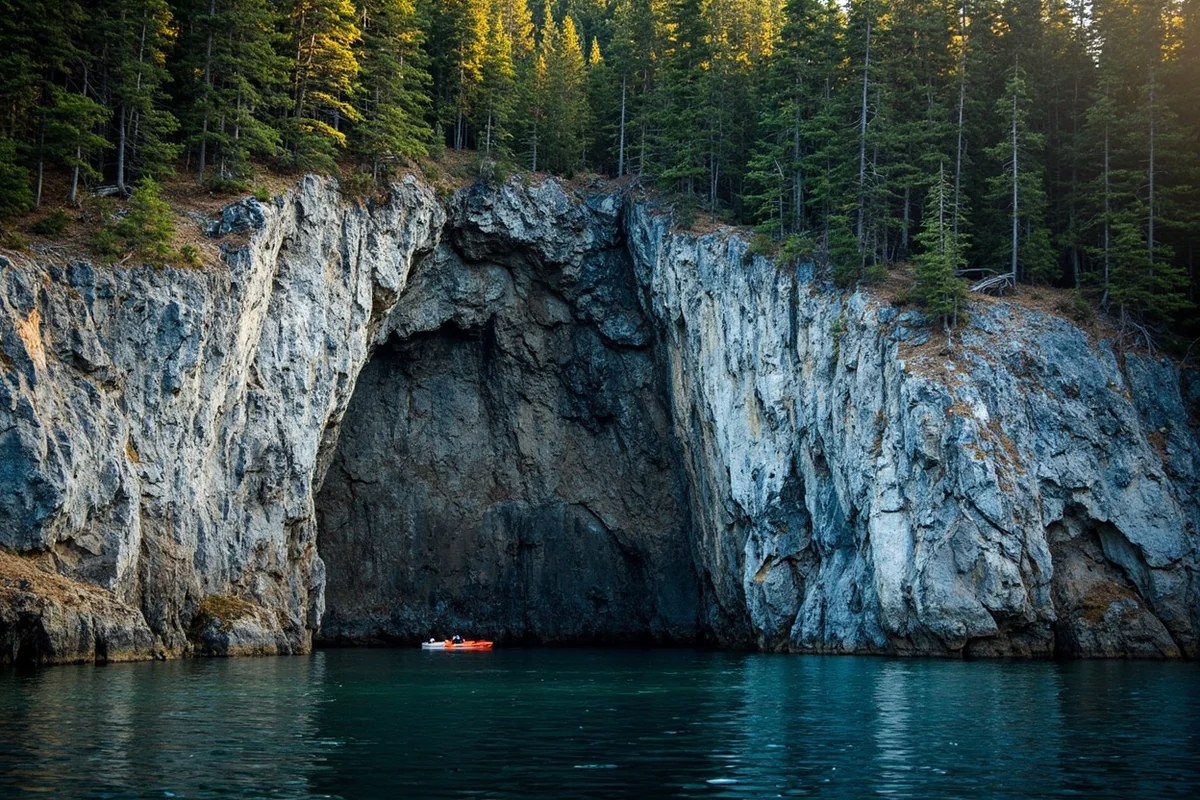 Cliff wall along the north shore of Little McGregor Lake with a kayak nearby