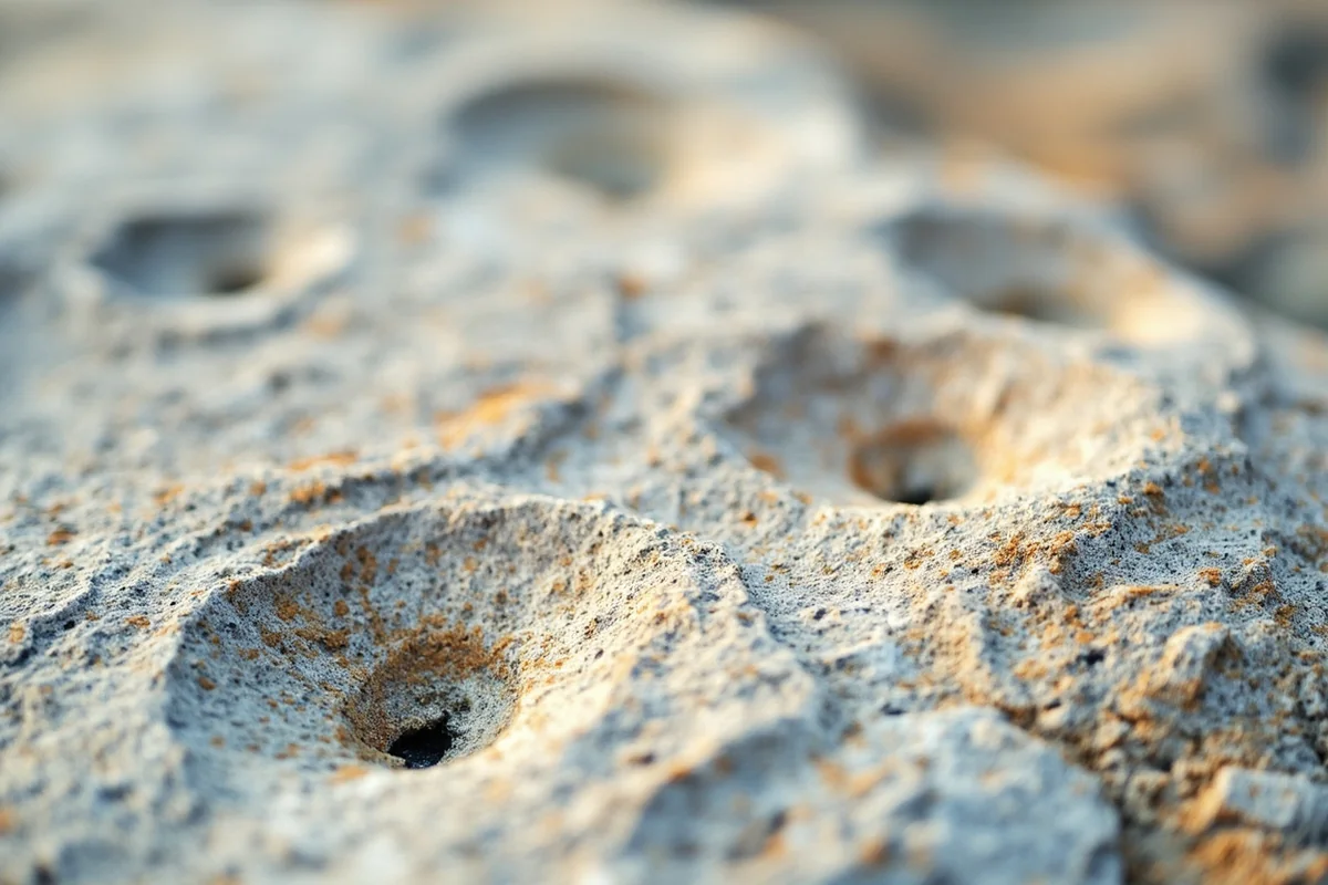 Close-up of fossilized seashells embedded in limestone rock near Natural Bridge Falls, Montana