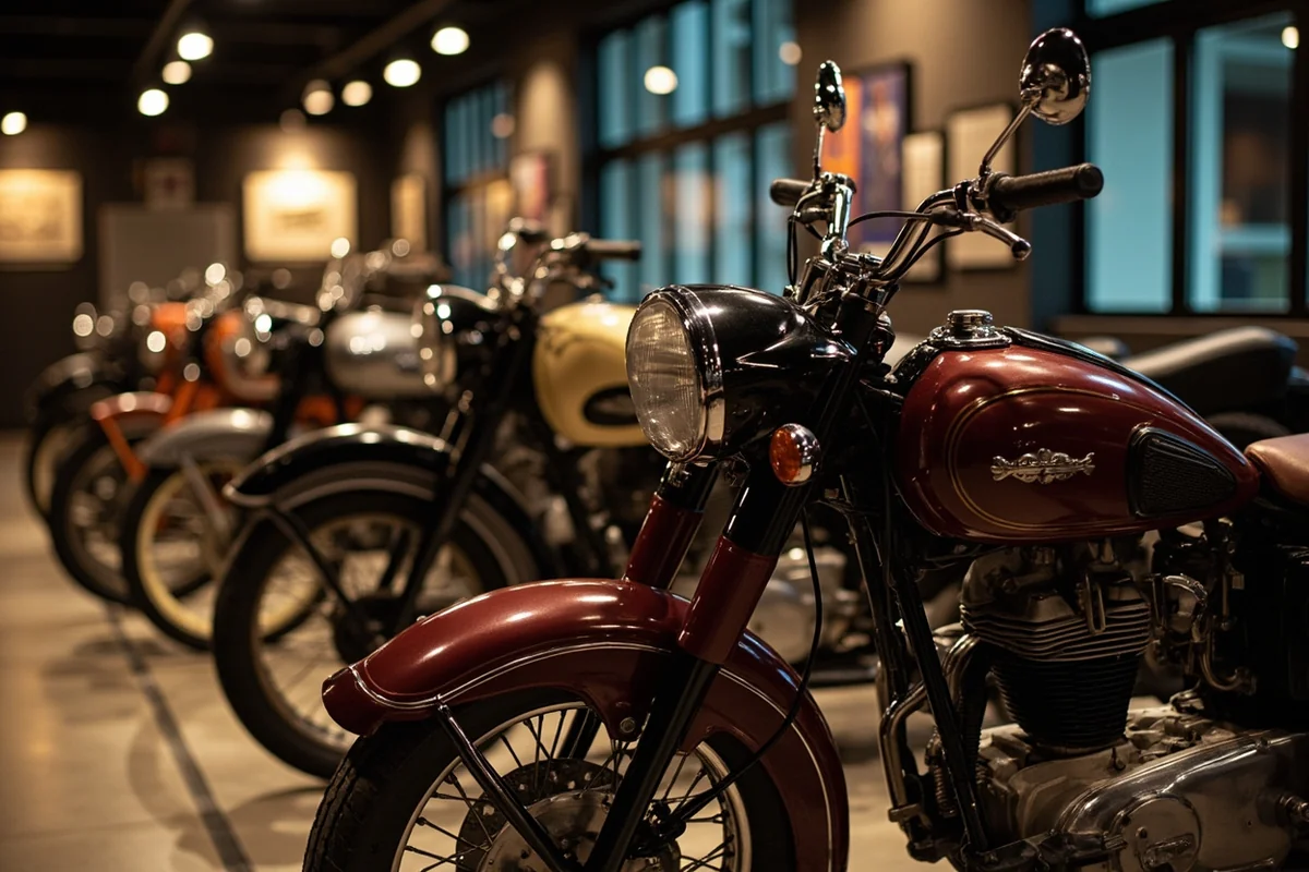 Collection of antique motorcycles on display at Miracle of America Museum in Polson, Montana