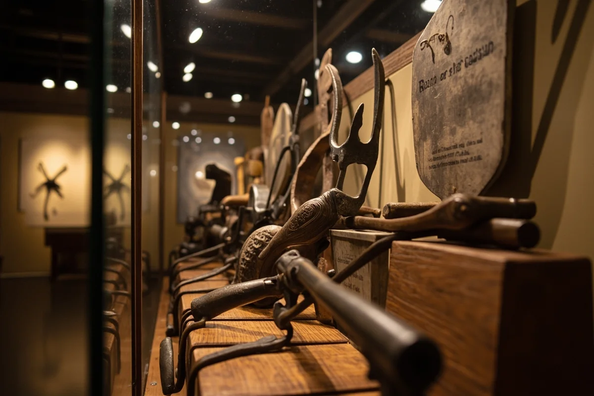 Collection of historic cattle brands and ranching artifacts on display at MonDak Heritage Center