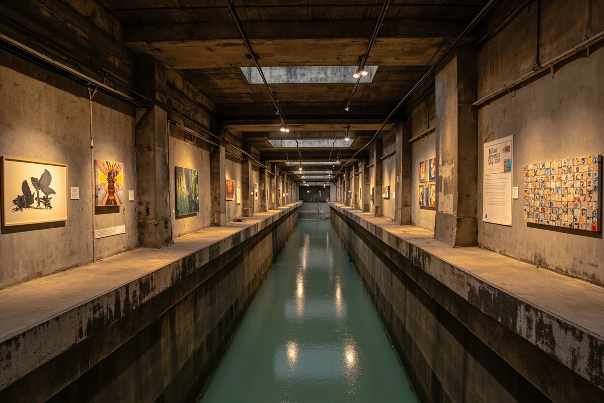 Concrete basin gallery space showing the industrial architecture of WaterWorks Art Museum in Miles City