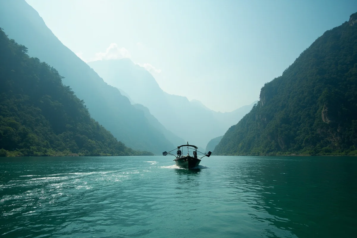 Drift boat floating a calm stretch of the Kootenai River below Libby Dam in Montana
