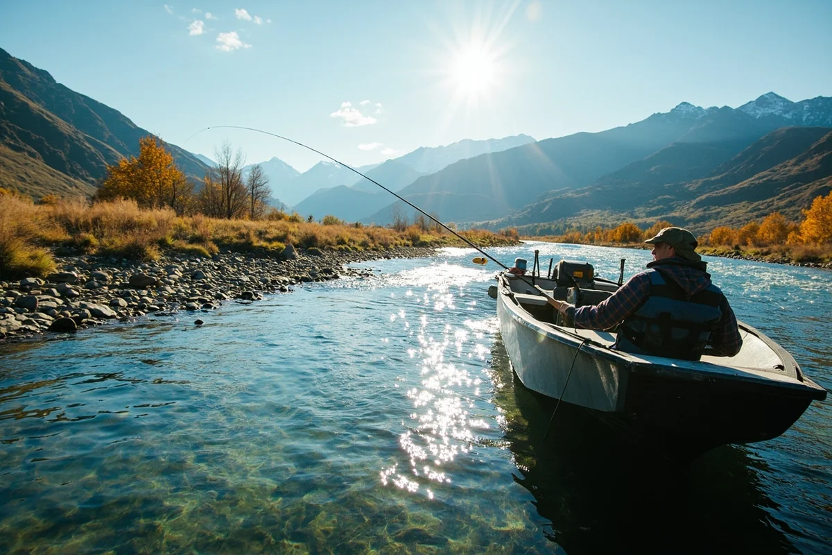 Drift boat floating a clear stretch of the Stillwater River between Absarokee and Columbus, Montana