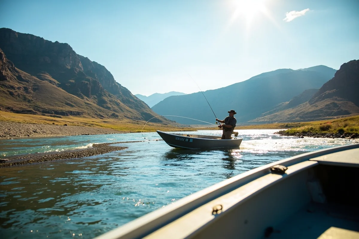 Drift boat floating the Bighorn River through open canyon country near Fort Smith, Montana