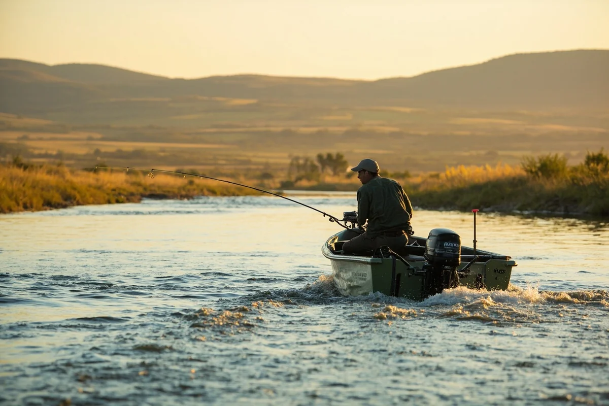 Drift boat floating the lower Gallatin River near Manhattan, Montana
