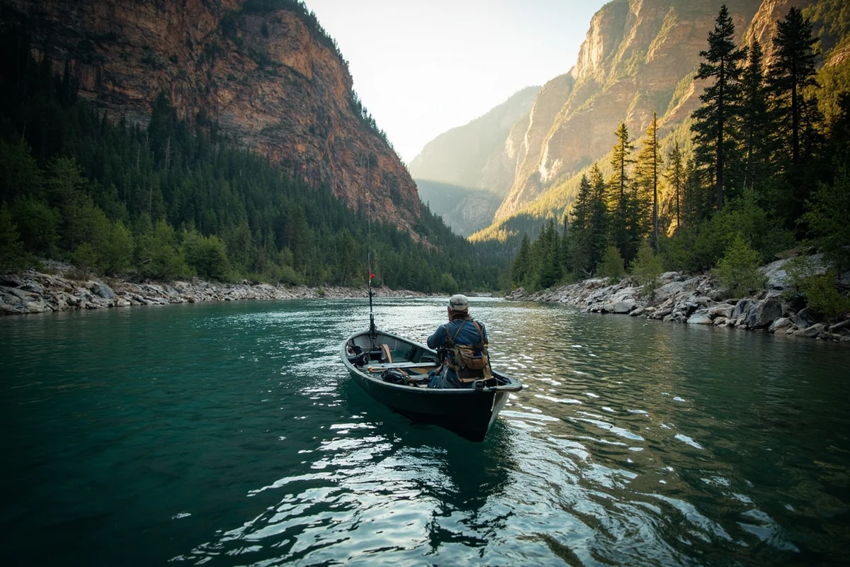 Drift boat floating through the canyon stretch of the Big Hole River near Wise River, Montana