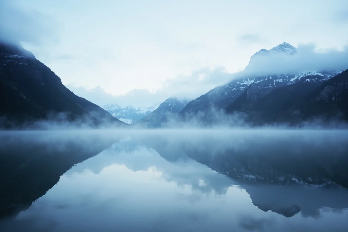 Early morning mist over Fishercap Lake with snow-capped peaks in the background