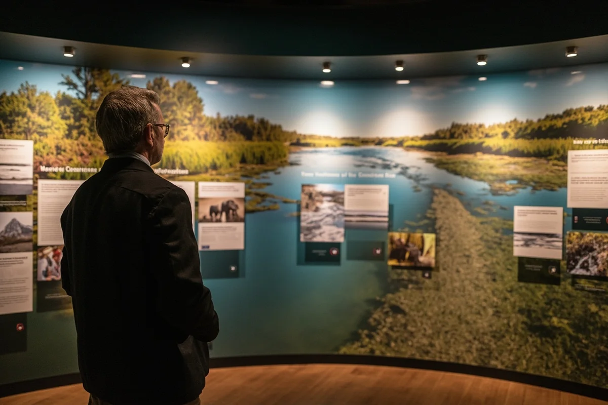 Educational conservation display about river health at Fly Fishing Discovery Center in Livingston, Montana