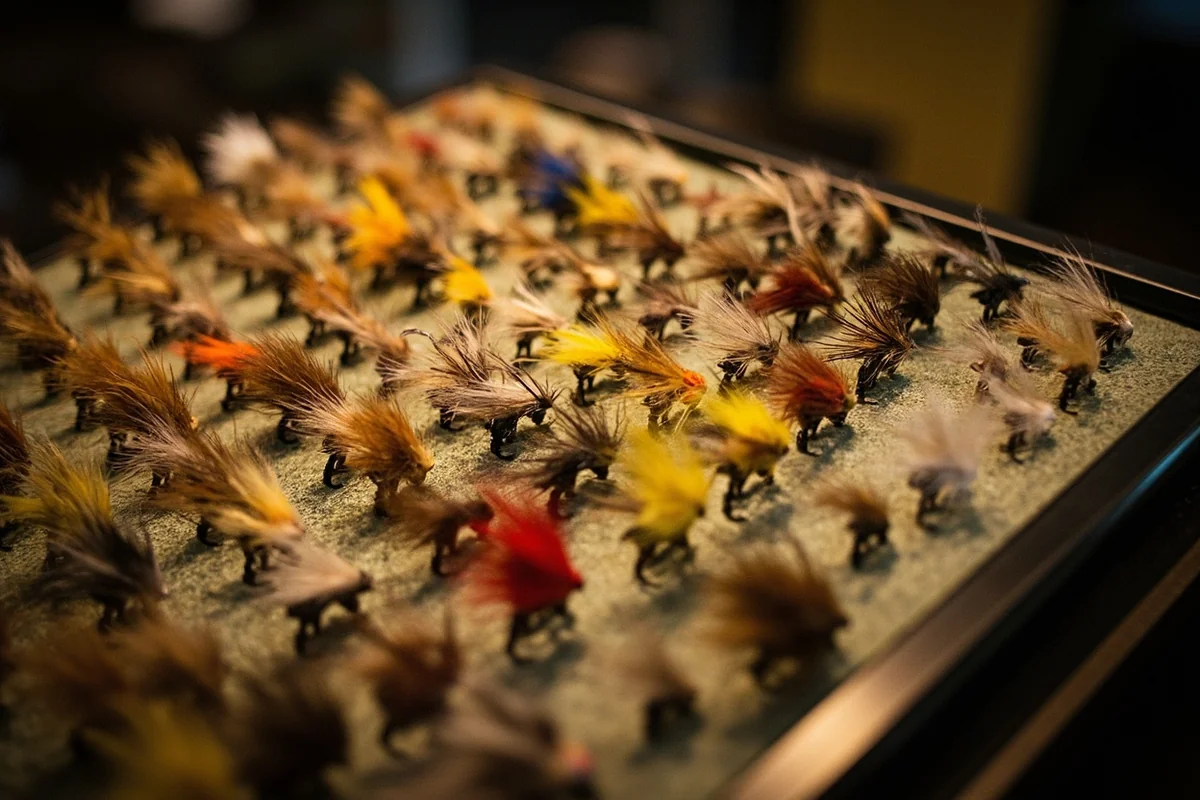 Extensive collection of historic hand-tied fishing flies on display at Fly Fishing Discovery Center