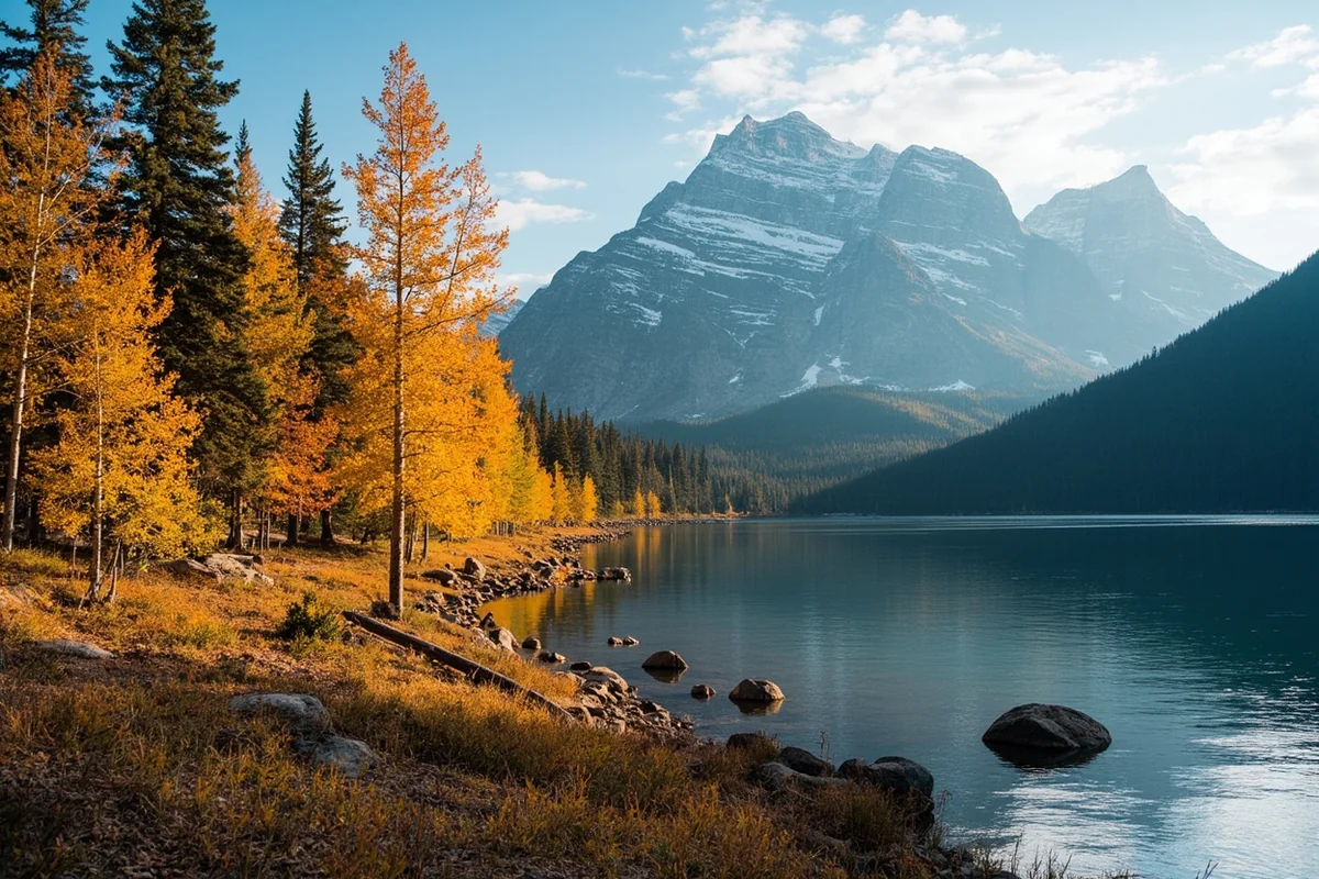 Fall colors along the shoreline of Two Medicine Lake in Glacier National Park