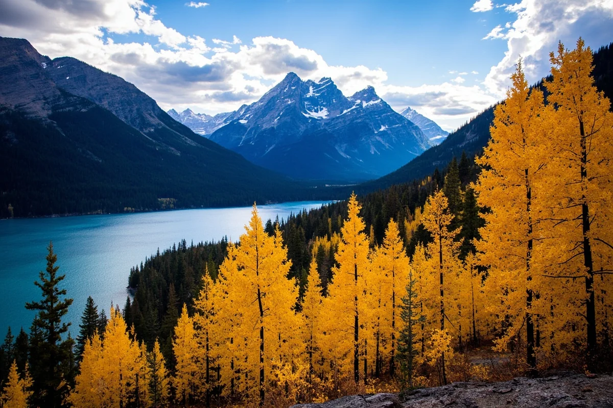 Fall larch trees turning gold above Lake McDonald in Glacier National Park