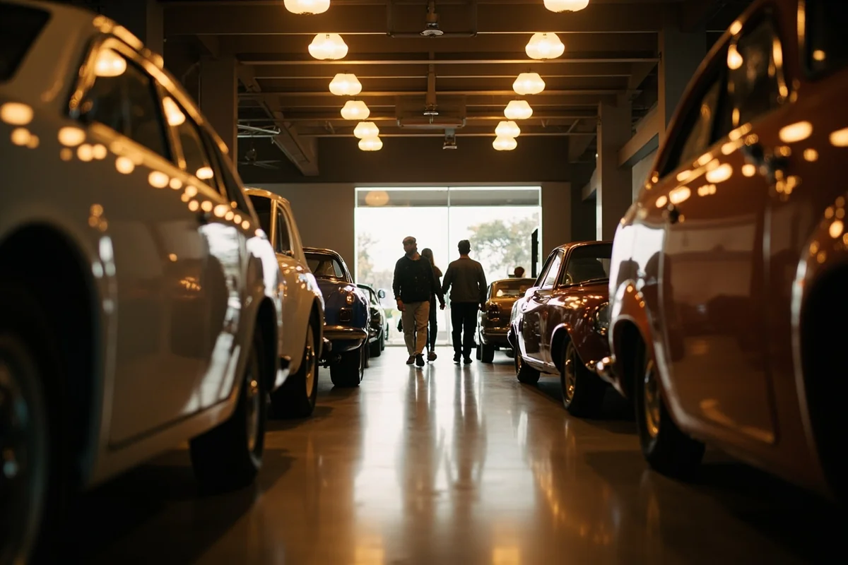 Family exploring the classic car collection at Montana Auto Museum in Deer Lodge