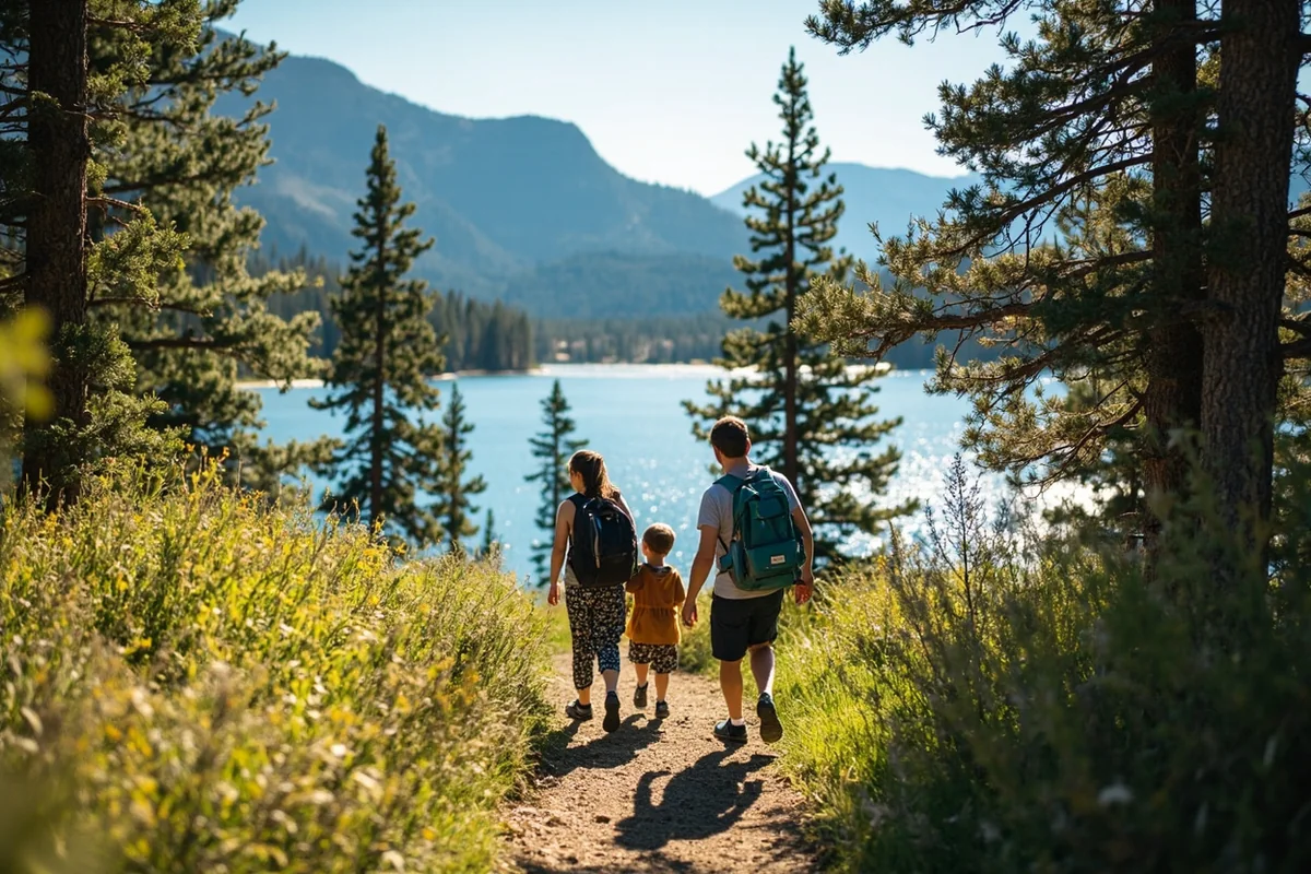 Family hiking the easy loop trail around Fairy Lake in the Bridger Range
