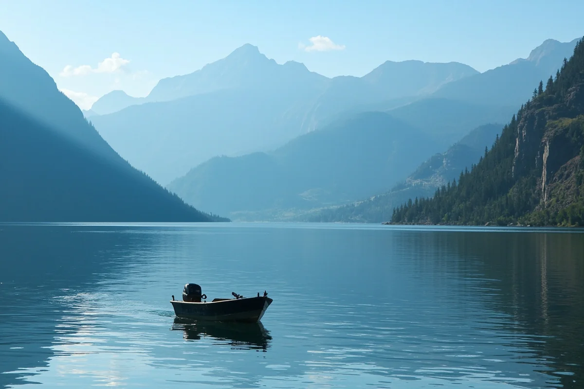 Fishing boat on Hungry Horse Reservoir with mountains surrounding the water