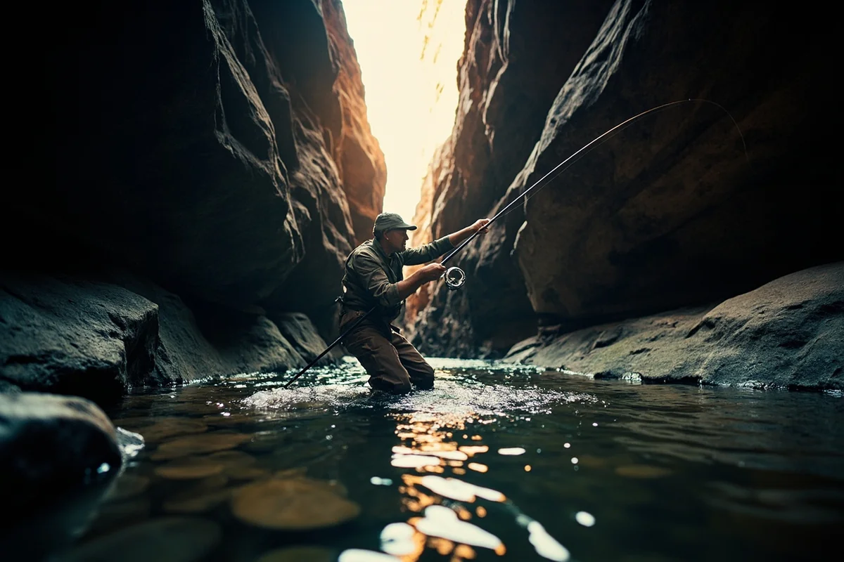 Fly fisherman casting in a pool along the Dearborn River canyon in Montana