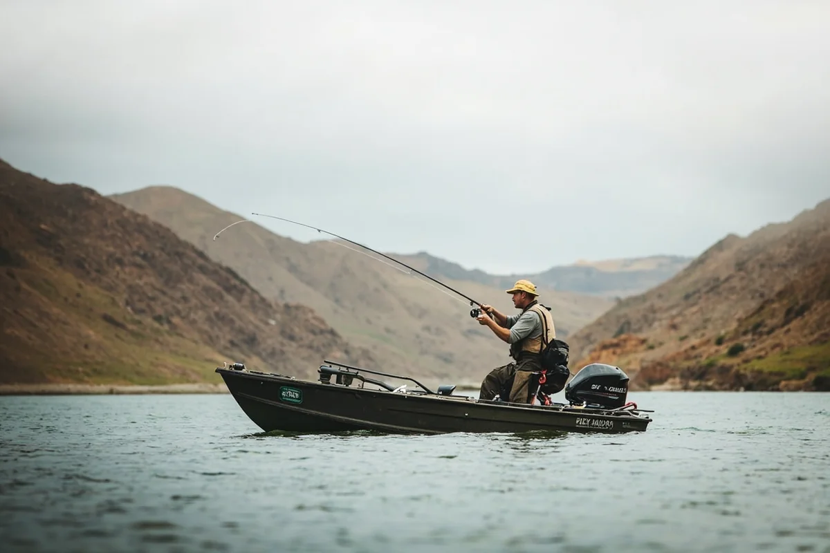 Fly fisherman in a drift boat on the Missouri River near Craig, Montana