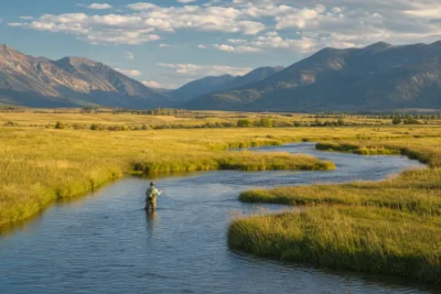 fly fisherman wading the big hole river through op 1 - Big Hole River Montana: The Complete Fishing Guide