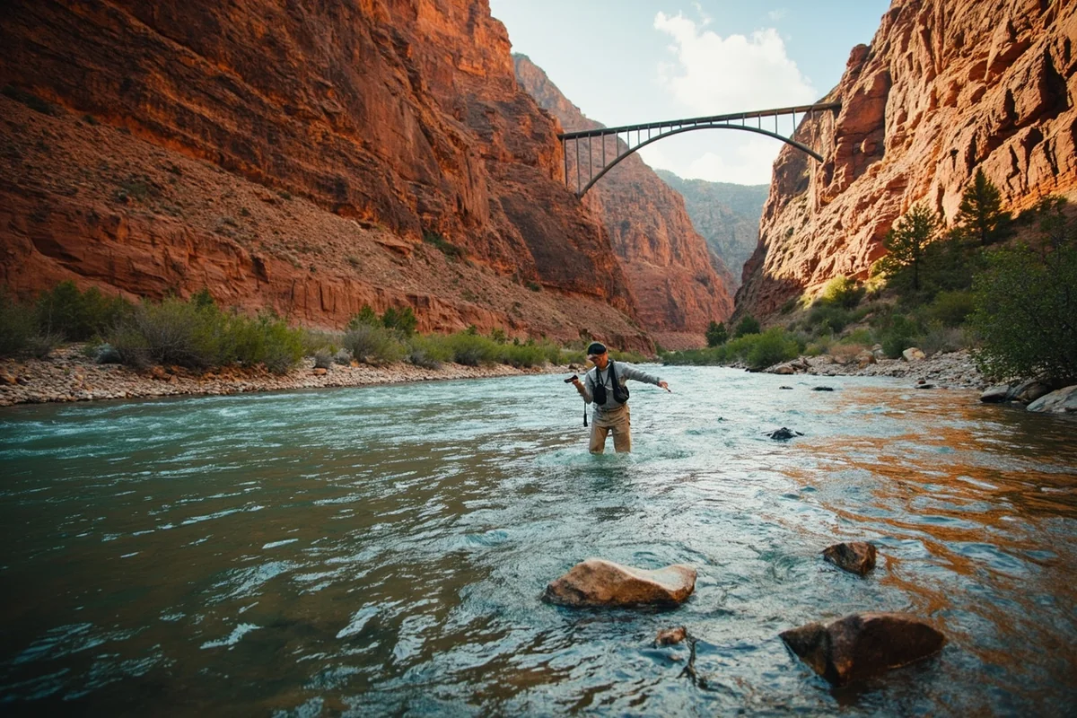Fly fisherman wading the cold tailwater canyon below Tongue River Dam near Decker, Montana