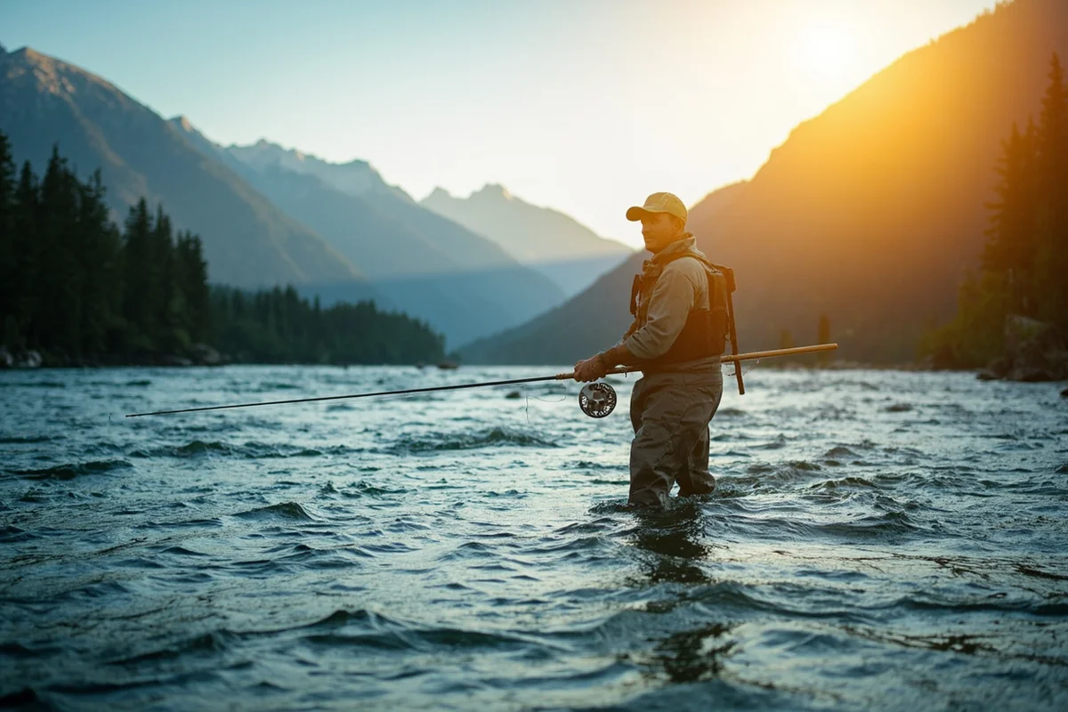Fly fisherman wading the upper Bitterroot River near Darby, Montana