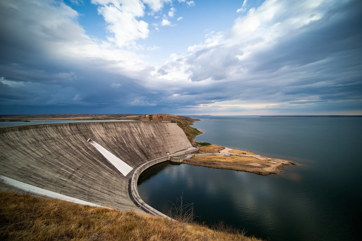 Fort Peck Dam spillway with the reservoir stretching into the distance